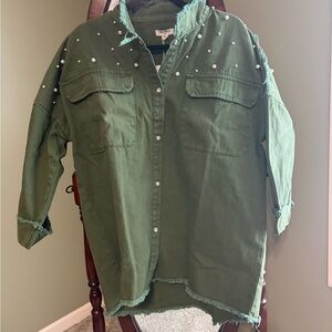 Anniewear Green Pearl-Studded Button-Up Denim Shacket